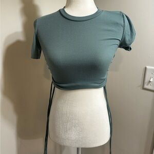 Zara T-Shirt Women's S Blue Ribbed Rusched Sides Crew Neck